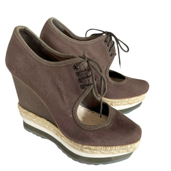 Prada Espadrille Platform Lace Up Heels Women's Sz 37.5 US 7 Made in Italy - Picture 1 of 11